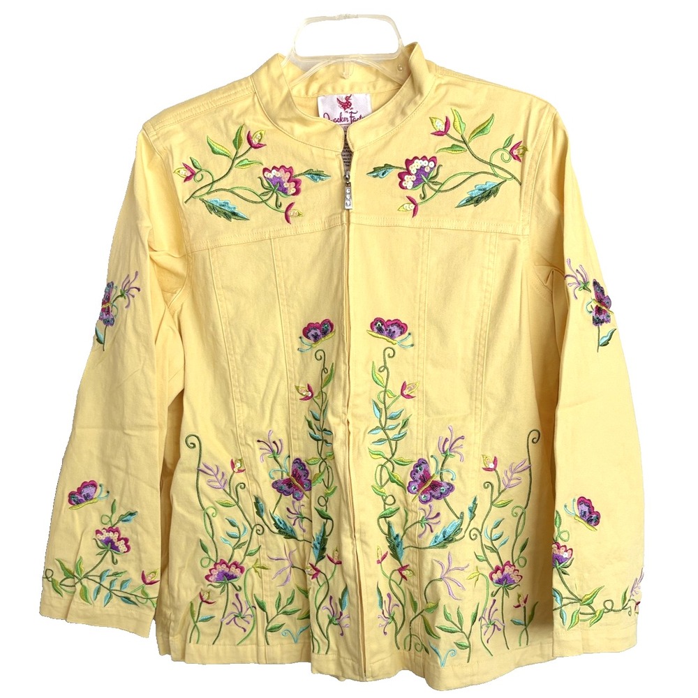 Quacker Factory Jacket Womens Medium Embroidered Floral Butterfly Zip Boho